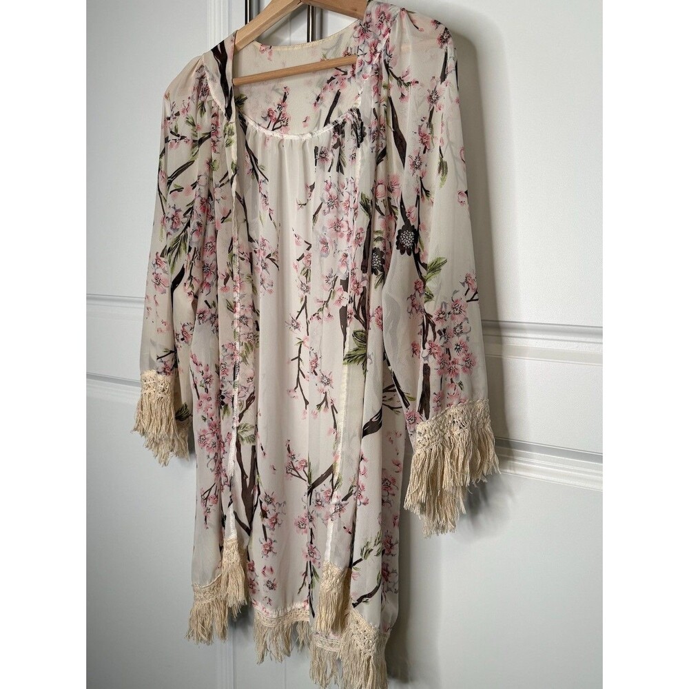 Boho Floral Cherry Blossom Kimono Cardigan Crochet Fringe Duster One Size - Picture 2 of 6